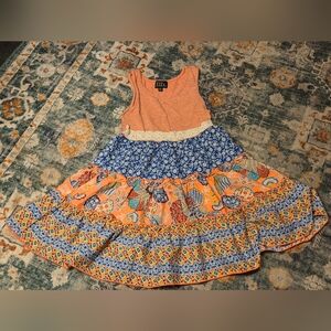 Lilt Orange and Blue Geometric, Floral & Striped Casual Kids Dress